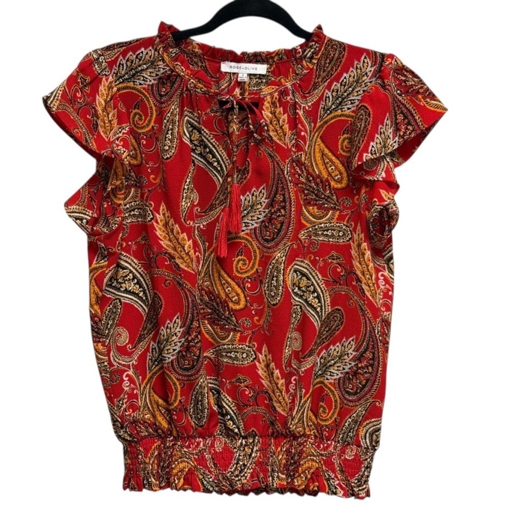 Rose + Olive Red Paisley Tassel Blouse Smocked Hem Size Small